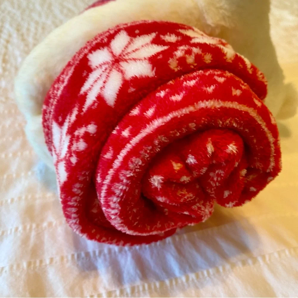 Plush Polar Bear with Red Snowflake Blanket